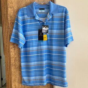 New with Tags PGA Tour Airflux Men's Medium Light Blue, Gray, White Striped Polo